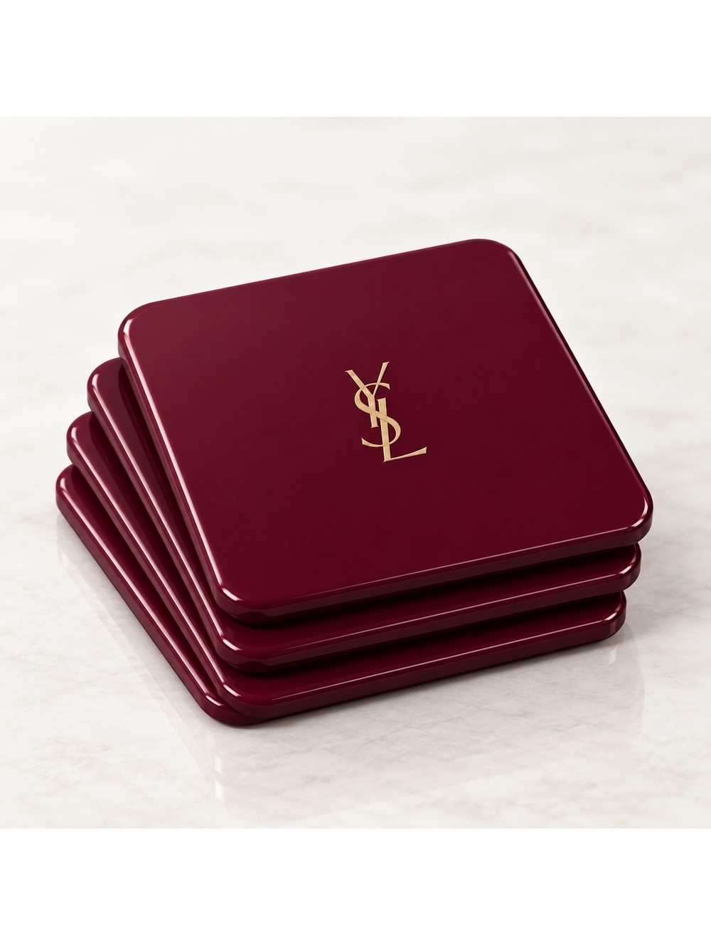 YSL Logo Coasters in Deep Burgundy and Gold - Set of 4 Glossy Coasters